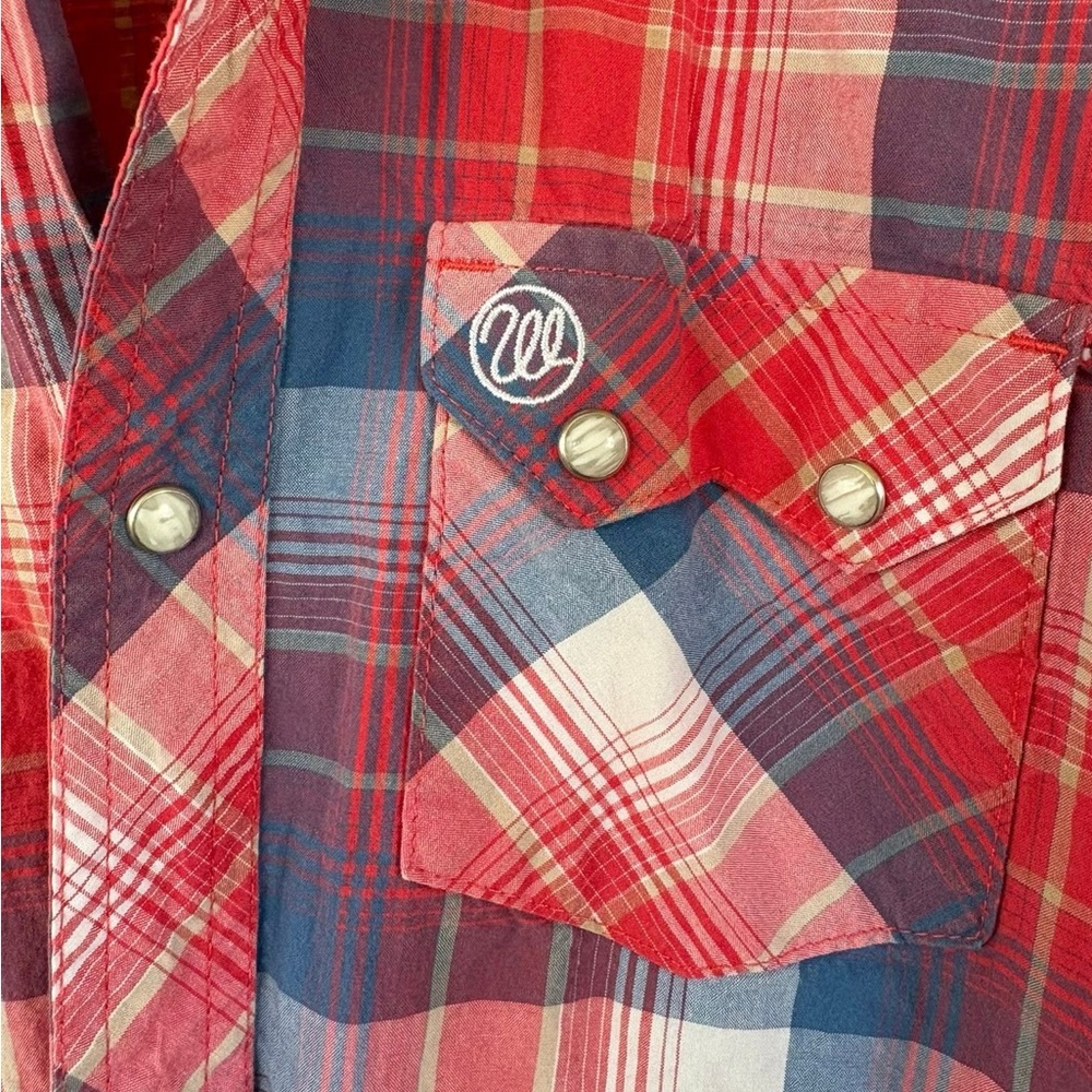 Kid’s Wrangler Retro Red White & Blue Plaid Pearl Snap Button-Down Shirt - Picture 3 of 6
